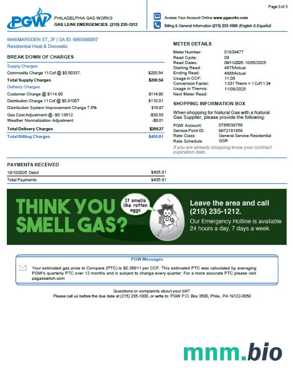 USA Philadelphia Gas Works rachunek za media szablon w formacie Word i PDF, 3 strony. 3. strona